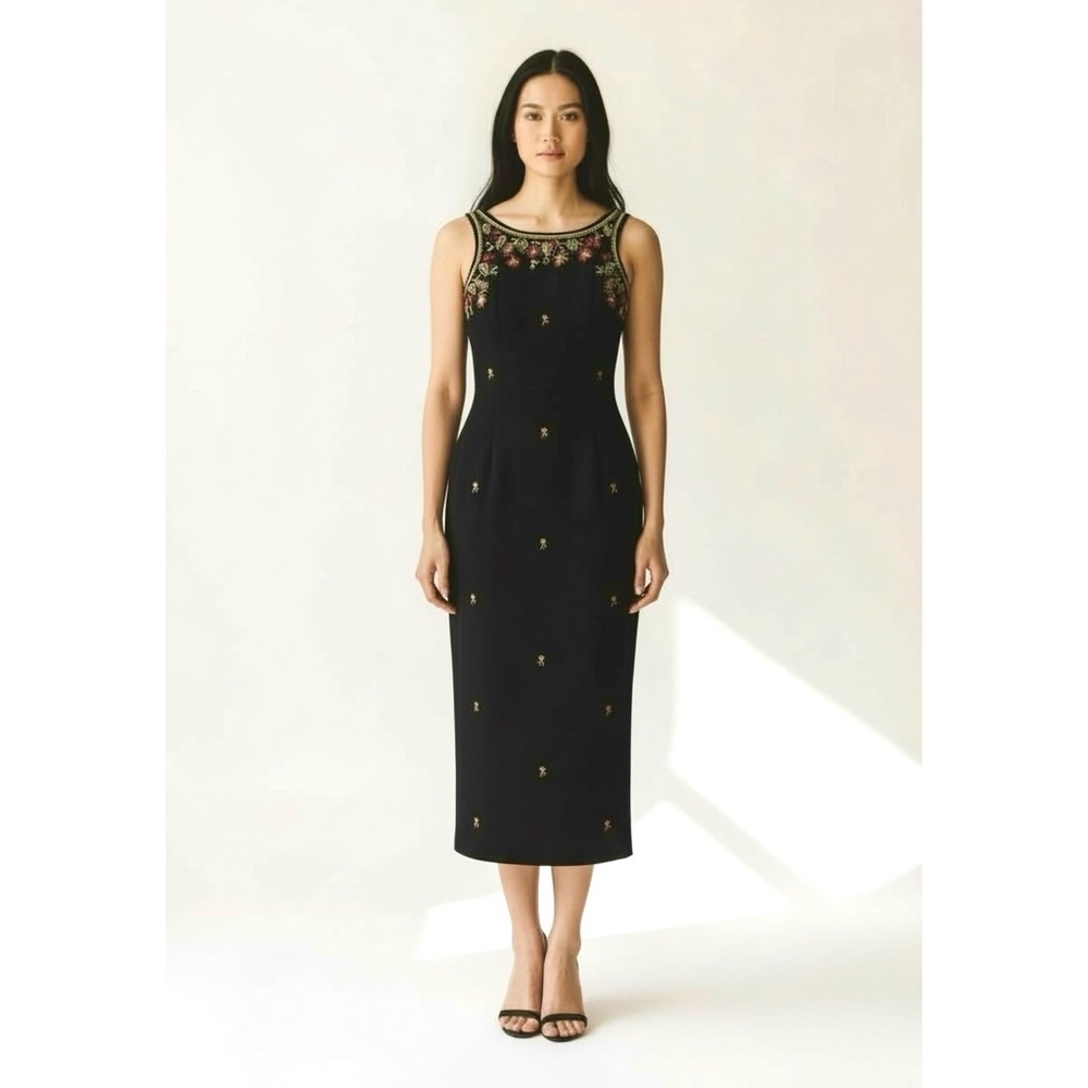 Dress Black Floral Embroidered Maxi Sleeveless Size M 90s